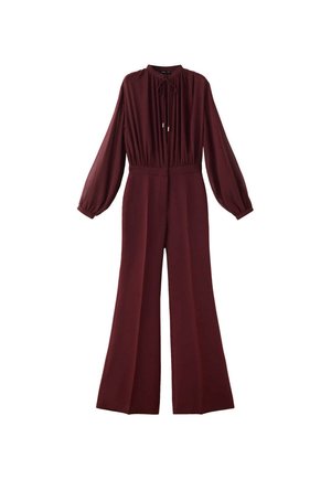 Combinaison bordeaux à manches longues, col montant, détail noué, taille froncée et pantalon à jambes larges.