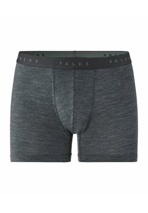 Ciemnoszare bokserki wykonane z miękkiego, teksturowanego materiału. Posiadają czarny pas z logo "FALKE" nadrukowanym w ciemnoszarym kolorze.