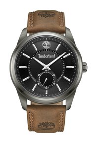 Orologio Timberland con quadrante nero, accenti argentati e cinturino in pelle marrone. Caratteristiche includono indicatori dei minuti e un sottodial per i secondi.