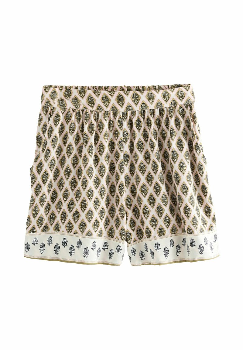 Pantaloni corti stampati con un motivo a rombi in verde e nero su uno sfondo crema, con un orlo bianco decorato con piccoli motivi di alberi.