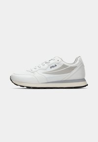 White athletic shoe with a smooth leather upper, gray accents, rounded toe, lace-up closure, and textured rubber sole.