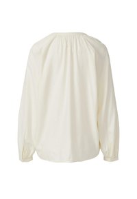 Lange mouwen crème blouse met een comfortabele pasvorm, geplooide halslijn en elastische manchetten. Zachte textuur en lichtgewicht stof.