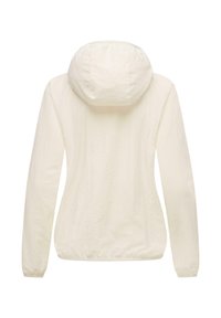 Jachetă ușoară, de culoare crem, cu glugă, manșete și tiv elastic, confecționată dintr-un material plisat, având o siluetă subțire și undesign minimalist.