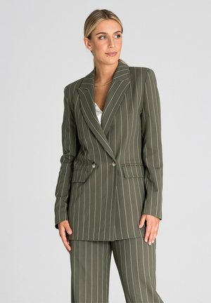 Olive green blazer w paski, z podwójnym zapięciem, wyłogami i bocznymi kieszeniami. Gładka tekstura i dopasowany krój.