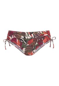 Bas de bikini à motifs avec un design de feuillage multicolore en rouge, vert et crème. Lien sur les côtés pour un ajustement réglable. Texture de tissu lisse.