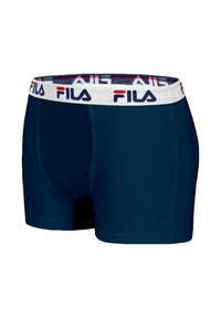 Boxer-shorts bleu marine avec un bandeau élastique blanc arborant le logo FILA rouge et bleu. Tissu lisse avec un design ajusté.