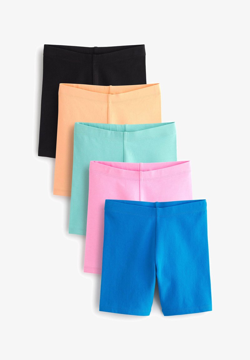 Set od pet rastezljivih kratkih hlača: crna, breskvasta, mint zelena, ružičasta i plava. Svake su glatke teksture i imaju pojas bez vidljivih metalnih dijelova.