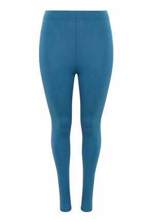 Blå høj talje, tætsiddende leggings med en glat tekstur, vist mod en hvid baggrund.