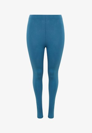 Leggings bleu taille haute, coupe ajustée, à texture lisse, présentés sur un fond blanc.