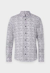 Lange mouwen shirt in licht paars met een herhalend geometrisch patroon. Voorzien van een button-down kraag en vijf donkere knopen aan de voorkant.