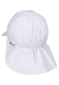 Weißer Hut mit runder Form und breiter, schlaffer Krempe. Aus leichtem, glattem Stoff gefertigt. Besitzt einen gerafften Rücken und ein kleines Logetikett.