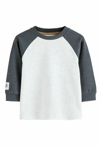 Harmaa ja valkoinen pitkähihainen paita, jossa raglan-muotoilu, ribbestä kaula-aukko ja teksturoitu kangas. Tagi vasemmassa hihassa logotietoineen.