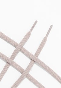Quatre lacets beiges croisés avec des embouts en plastique transparent sur fond blanc.