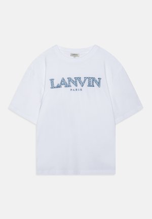 Witte katoenen t-shirt met korte mouwen en een ronde hals. Heeft blauwe grafische tekst "LANVIN PARIS" in een vet ontwerp.