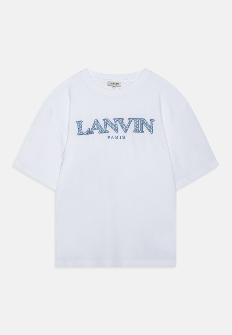 Witte katoenen t-shirt met korte mouwen en een ronde hals. Heeft blauwe grafische tekst "LANVIN PARIS" in een vet ontwerp.