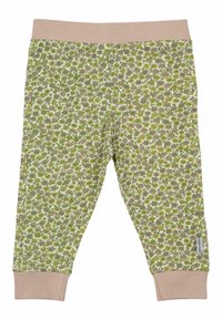 Gröna leggings med blommönster, beige elastisk midjeband och avslut, tillverkade av mjukt tyg med en slät yta.