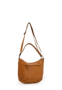 Braune Ledertasche mit runder Form, verstellbarem Riemen und einer vorderen Reißverschlusstasche. Sie hat eine glatte Textur und dezente Nähte.