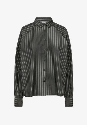 Black and white striped blouse with a button-up front, spread collar, and long puff sleeves, featuring a smooth fabric texture.