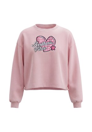 Pink langærmet sweatshirt med ribkanter og teksten "Aesthetic Vibes" over et pink ternet hjerte og en lille stjerne foran.