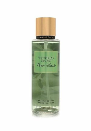 Victoria's Secret Pear Glacé tuoksusumu läpinäkyvässä vihreässä pullossa, jossa on kultainen korkki, merkintä 250 ml, 8,4 fl oz.