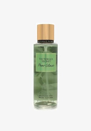 Victoria's Secret Pear Glacé tuoksusumu läpinäkyvässä vihreässä pullossa, jossa on kultainen korkki, merkintä 250 ml, 8,4 fl oz.