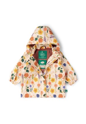 Kinder-Wasserfeste Jacke mit Kapuze, mehrfarbigem Blumenmuster und elastischen Bündchen, flach liegend mit offenem Reißverschluss vorne dargestellt.