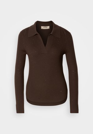 Dark brown ribbed sweater with long sleeves, a collar, and a V-neckline. Features subtle sparkling accents and a small logo on the lower side.