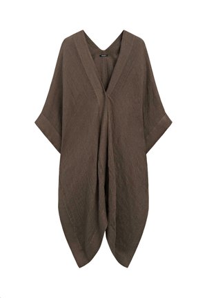 Brun løs hør poncho med V-udskæring og brede, albuelange ærmer, hængende fladt mod en hvid baggrund.