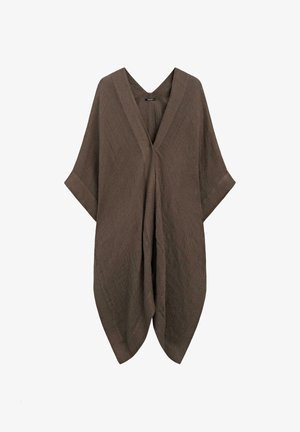 Brun løs hør poncho med V-udskæring og brede, albuelange ærmer, hængende fladt mod en hvid baggrund.