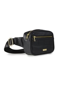 Borsa a tracolla nera in pelle con superficie testurizzata, cerniere dorate, tasche frontali e tracolla regolabile. Design rettangolare compatto.