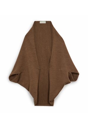 Brauner offener Strickcardigan mit weitem, drapiertem Ärmel und lockerer Passform, flach auf weißem Hintergrund ausgelegt.