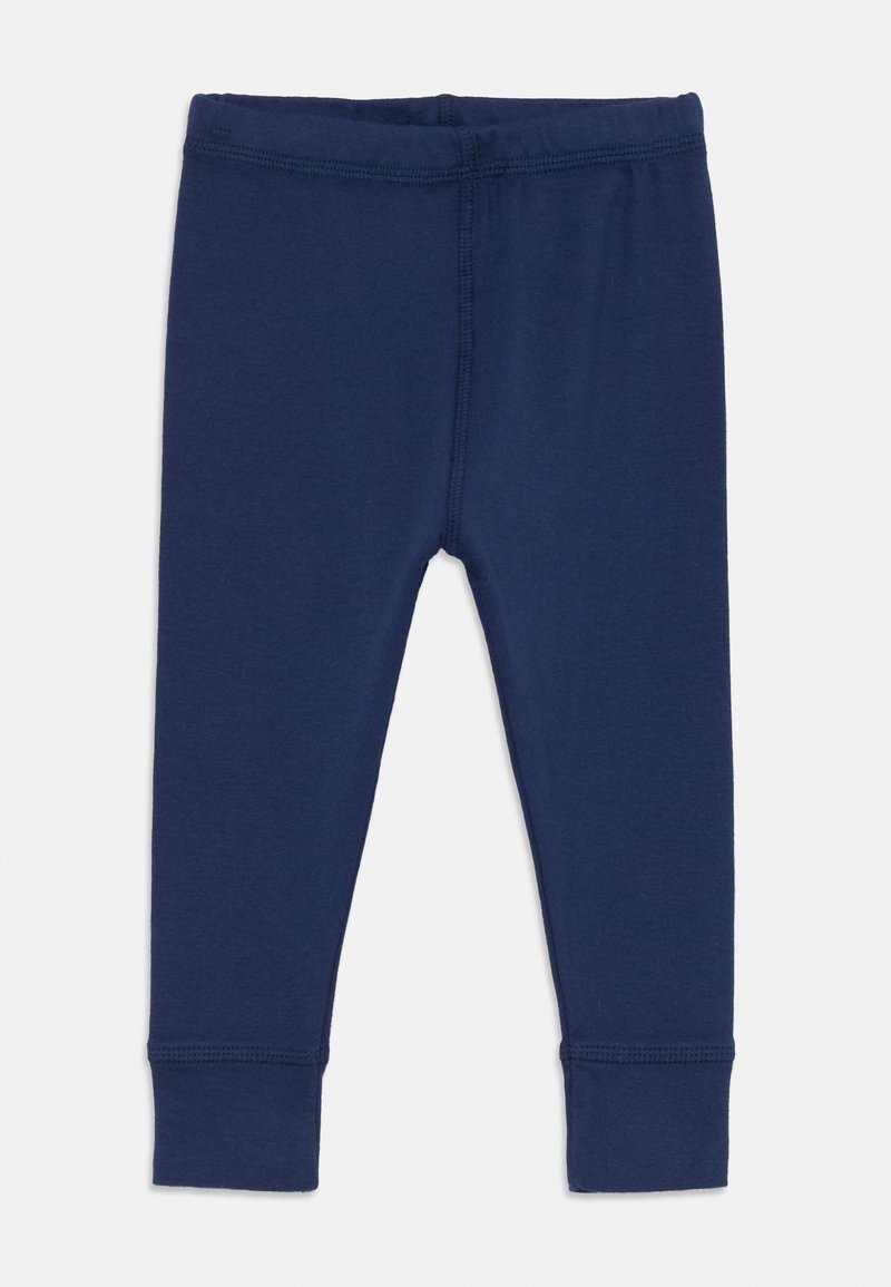 Ναυτικό μπλε κολάν για μωρά με ελαστική μέση και ραμμένες μανσέτες, παρουσιασμένα επίπεδα σε λευκό φόντο.