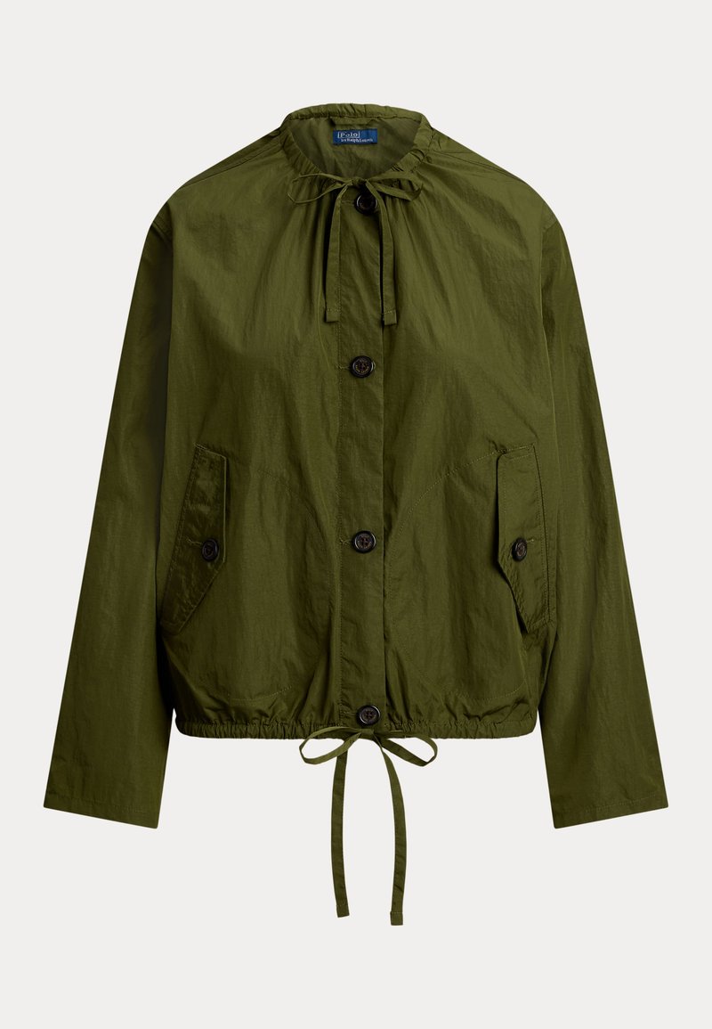 Olive green jacket made of lightweight fabric, featuring a drawstring waist, two front pockets, and button closure with a funnel neck.