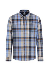 Overhemd met knoopsluiting in een geruit patroon met blauw, beige en bruin. Gemaakt van een stof met een lichte textuur. Lange mouwen en een kraag.