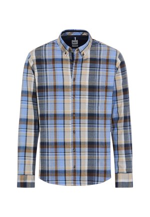 Button-up skjorte i et ternet mønster med blå, beige og brune farver. Fremstillet af stof med en let tekstur. Langærmet med krave.