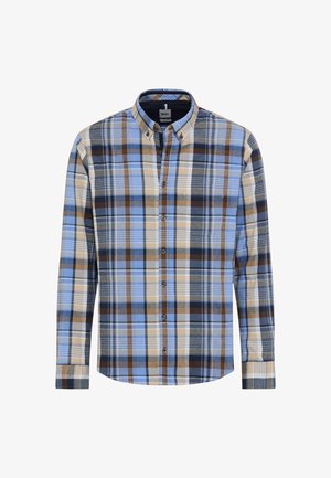Overhemd met knoopsluiting in een geruit patroon met blauw, beige en bruin. Gemaakt van een stof met een lichte textuur. Lange mouwen en een kraag.