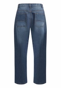 Donkerblauwe denim jeans met een rechte pijpdesign, voorzien van twee achterzakken en contrasterende stiksels. Glad textuur en geen versieringen.