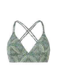 Zielony biustonosz bikini w kształcie trójkąta, z plecami w krzyż. Wzór zawiera motywy liści oraz kontrastowe kolory.