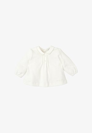 Chemise blanche à manches longues avec col, dotée d'une fermeture par boutons et d'une ourlet arrondi. Tissu doux avec une texture subtile, comportant un petit détail brodé en bas.