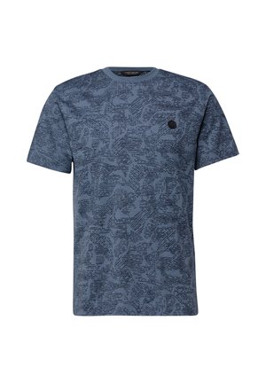 Blauw T-shirt met korte mouwen en een gestructureerd patroon van onregelmatige lijnen en vormen. Voorzien van een klein zwart logo op de borst.