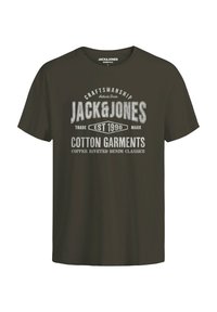 Olive green cotton t-shirt featuring a gray graphic print with the text "JACK & JONES," established in 1990, and additional branding details.