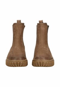 Botas tobilleras marrones con parte superior de cuero texturizado, paneles laterales elásticos y suela de goma con patrón para mayor agarre. Diseño duradero y elegante.