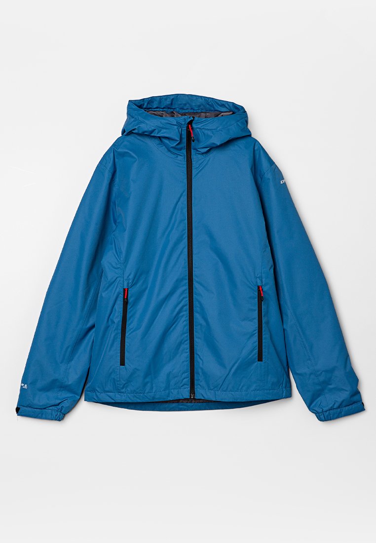 Veste légère bleue avec capuche, fermeture éclair à l'avant et accents de fermeture éclair noirs. Dispose de tirettes de fermeture éclair rouges et de deux poches latérales.