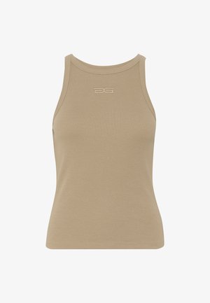 Vaalea ribattu hihaton t-paita, jossa on pyöreä kaula-aukko ja pieni kohokuvioitu logo keski-etuosassa. Pehmeä kangas.