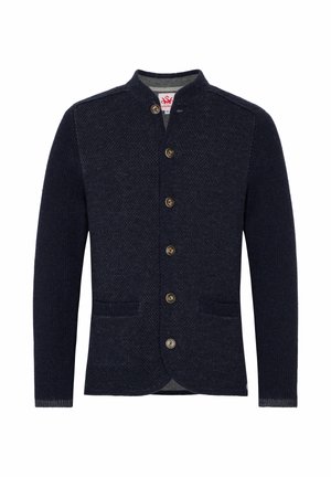 Navy Blau cardigan aus strukturiertem Stoff mit Stehkragen, fünf braunen Knöpfen und zwei Fronttaschen. Mit gerippten Akzenten an den Manschetten.