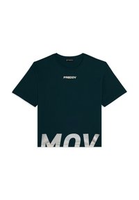 Camiseta de manga corta azul marino con el logo "FREDDY" en el pecho y letras blancas parciales grandes "MOV" en la parte inferior frontal.
