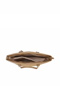 Borsetta in pelle marrone con manici superiori doppi, scomparto principale con zip e due tasche interne. Tessuto liscio, design minimalista.