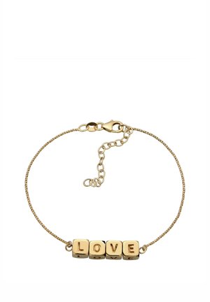 Delicate gold chain bracelet with four square gold beads spelling the word "LOVE" and a small adjustable clasp.