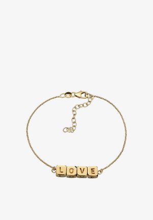 Feines Goldkettchen-Armband mit vier quadratischen Goldperlen, die das Wort "LOVE" bilden, und einem kleinen verstellbaren Verschluss.