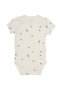 Cremefarbener Baby-Body aus weicher Baumwolle, mit hellvioletten Mustern von Seepferdchen und Muscheln, Rüschenshirmärmeln und Druckknopfverschlüssen.